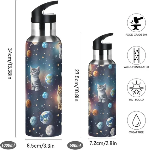 Vista 2 de Stainless Steel Vacuum Insulated Water Bottle 20 Oz, Leakproof Water Bottles for Gym Outdoor Travel School, Cute Cats Space