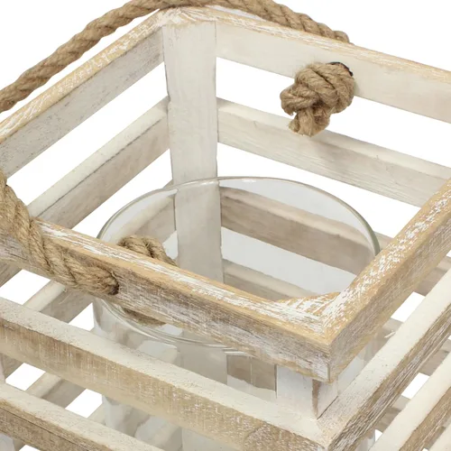 Vista 3 de Stonebriar SB-5080B Linterna de vela de madera blanca desgastada para casa de playa con mango de cuerda y cilindro de vidrio extraíble Hurricane