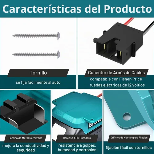 Vista 5 de Adaptador de corriente para ruedas de batería Makita 18V LXT con conector de arnés de cables y portafusibles compatible con ruedas de batería de 12
