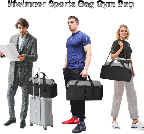 Vista 6 de Bolsas de gimnasio para mujeres y hombres con compartimento para zapatos y artículos húmedos, bolsa de lona plegable de 40 L, bolsa de lona ligera