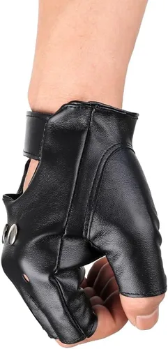 Vista 6 de JISEN Guantes de cuero PU para hombre, guantes steampunk góticos de medio dedo con gancho