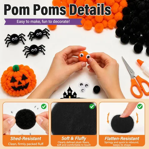 Vista 3 de Veroave Pompones negros, 150 pompones de 1 pulgada para manualidades, bolas de soplo, manualidades y manualidades para decoración de manualidades