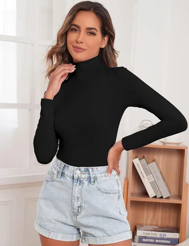 Vista 3 de Camisetas de manga larga con cuello alto para mujer, camisetas para salir a la moda 2024