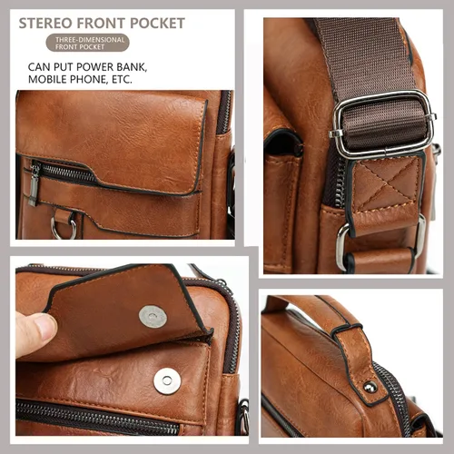 Vista 3 de MNODWLOF Bolso bandolera pequeño de cuero para hombre, bolso cruzado para trabajo, negocios, viajes, al aire libre, senderismo, correa ajustable