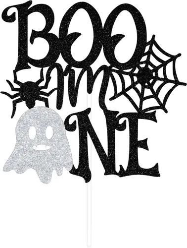 Vista 7 de Decoración negra para tartas "I'm One" con purpurina negra, The Spooky One/Baby Boo, decoración de fiesta de baby shower con temática de Halloween