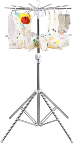 Vista 10 de Hershii Estante de secado de ropa plegable de 2 niveles para interiores y exteriores, soporte plegable para colgar ropa, ahorro de espacio