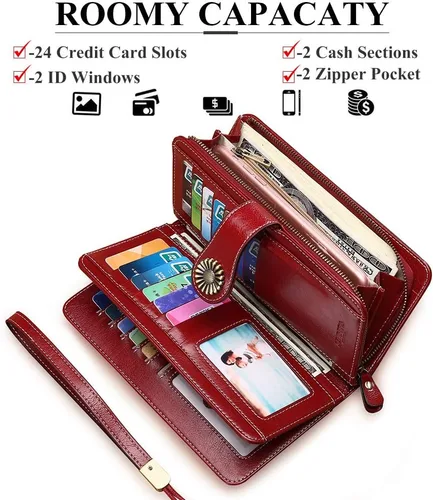 Vista 3 de SENDEFN - Cartera de cuero genuino para mujer con correa 24 ranuras para tarjetas 2 ventanas para identificación compartimentos para efectivo 1