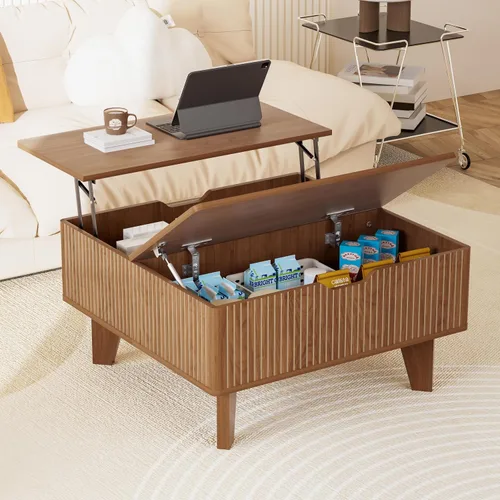 Vista 10 de Mesa auxiliar ovalada con almacenamiento, de madera acanalada de 47 pulgadas, moderna mesa de centro de mediados de siglo para sala de estar