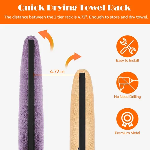 Vista 7 de Toalleros independientes de 2 niveles para toallas pequeños para baño, color negro mate, de acero inoxidable, toallero industrial para toallas