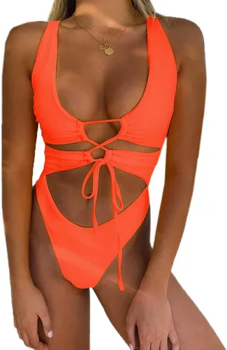 Vista 4 de Traje de baño sexy de una pieza con recortes, encaje, espalda descubierta y corte alto monokini para mujer Azul bebé