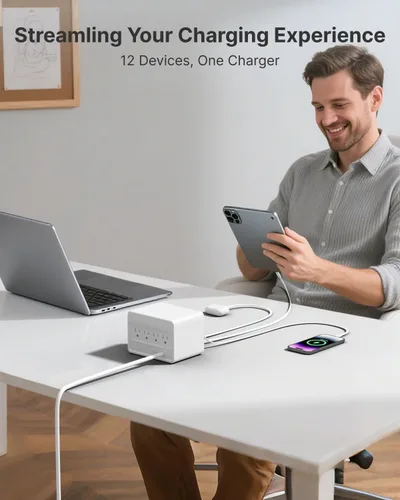 Vista 4 de Gitryin Estación de carga de escritorio 12 en 1 con 3 cargadores retráctiles tipo C y 1 cargador Lightning, concentrador de carga USB-C de 160 W