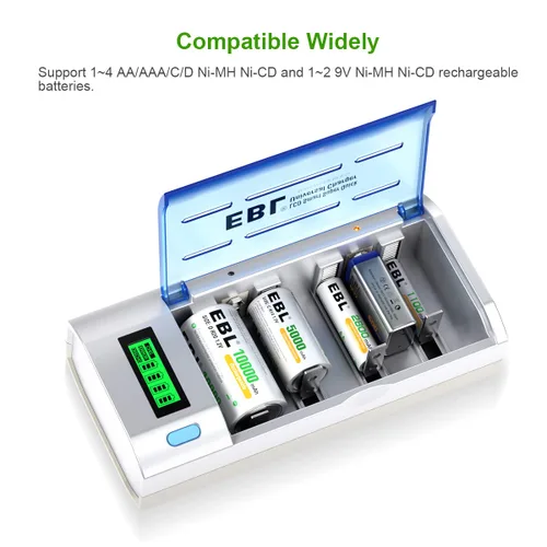 Vista 3 de EBL Cargador de batería inteligente para C D AA AAA 9V Ni-MH Ni-CD baterías recargables con función de descarga y pantalla LCD