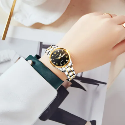 Vista 3 de OLEVS Reloj de mujer con diamantes de oro, clásico, elegante, de acero inoxidable, impermeable, fecha de día