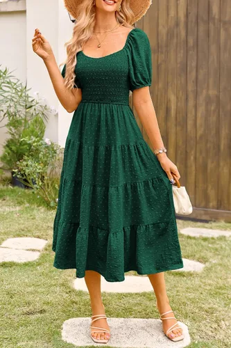 Vista 3 de PRETTYGARDEN Vestido midi casual de verano para mujer, manga abombada, lunares suizos, vestidos largos acampanados