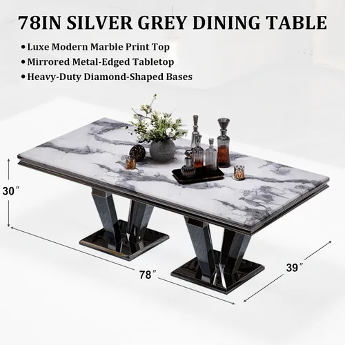 Vista 2 de ACEDÉCOR Mesa de comedor, mesa de comedor rectangular moderna de 78 pulgadas para 6-8 personas, parte superior de textura gris y base geométrica