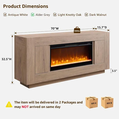 Vista 2 de OKD Soporte de TV con chimenea de 70 pulgadas para TV de 80 pulgadas Aliso Gris
