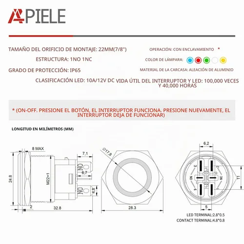 Vista 2 de APIELE Interruptor de Botón Pulsador con Pestillo de 10 Amperios 22mm 12V Ojo de Ángel LED Impermeable Aleación de Aluminio Redondo Autobloqueante