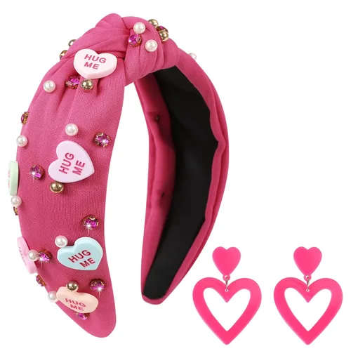 Vista 21 de Diademas de corazón de caramelo para el día de San Valentín para mujer, diadema de corazón de conversación de amor con diamantes de imitación