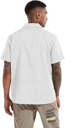 Vista 3 de NmglhNm Camisa casual de lino para hombre, manga corta, con botones, elegante, para verano, playa, tropical