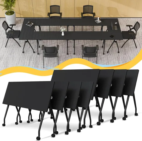 Vista 64 de Mesa de conferencias plegable con ruedas, mesa modular para sala de conferencias con 2 ojales para cables, mesas móviles de sala de reuniones