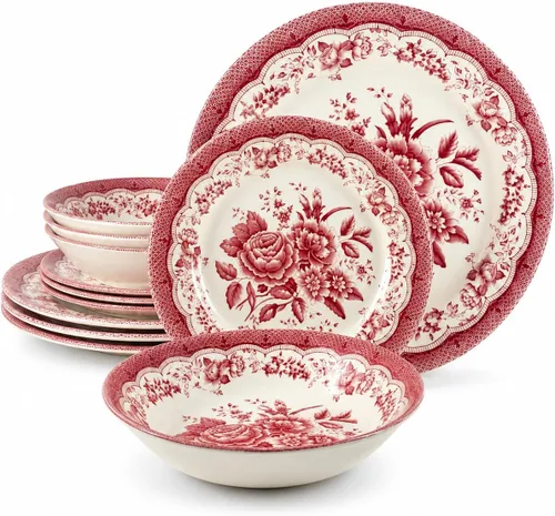 Vista 14 de Tudor Royal - Juego de vajilla redonda de porcelana de 12 piezas, servicio para 4, diseño botánico, flores de verano, platos, cuencos, brillante
