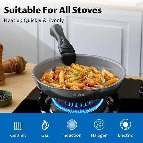 Vista 6 de BEZIA Utensilios de cocina de inducción con revestimiento de cerámica saludable, juego de ollas y sartenes antiadherentes, 10 piezas con asas