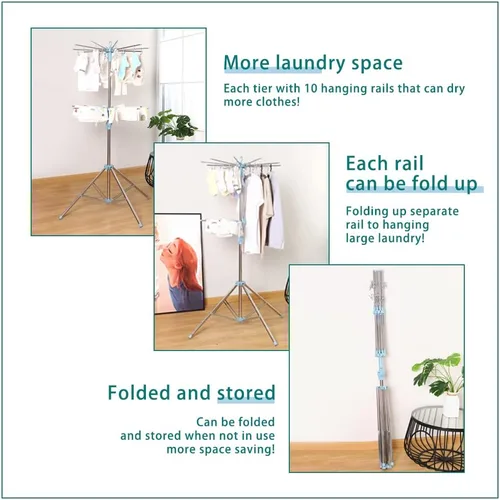 Vista 4 de Hershii Estante de secado de ropa plegable de 2 niveles para interiores y exteriores, soporte plegable para colgar ropa, ahorro de espacio
