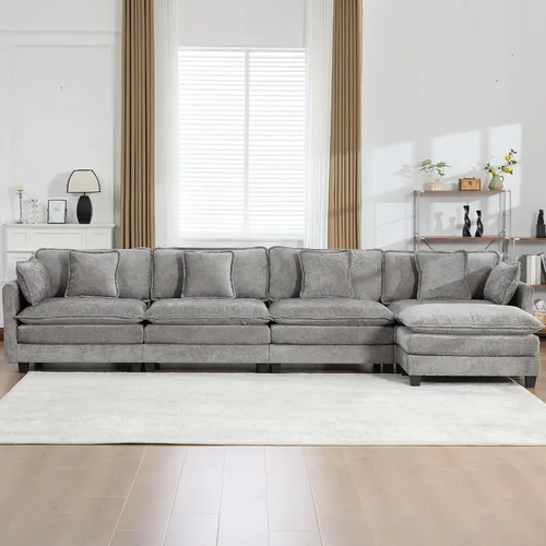 Vista 142 de Sofá seccional modular verde de 111.5", sofás seccionales grandes de 3 plazas para sala de estar, sofá nube oversized de tela chenille con otomana