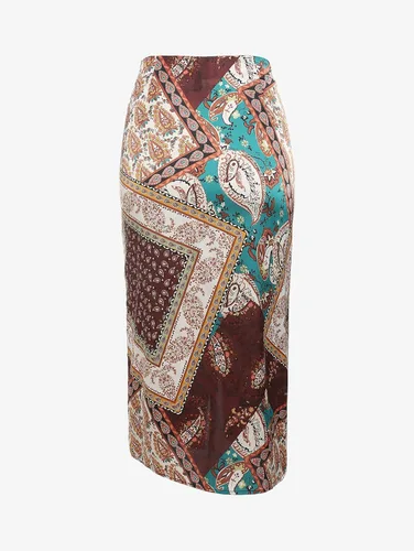 Vista 2 de ZAFUL Falda midi bohemia de cintura alta para mujer, falda sexy con abertura pareo, bandana con estampado de cachemira