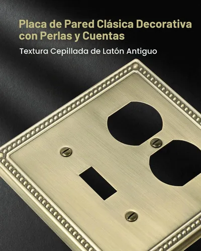 Vista 3 de Paquete de 2 Placas de Cubierta Combinadas para Interruptor de Palanca/Dúplex, Placa de Cubierta de Enchufe de Pared de Metal de Latón Antiguo