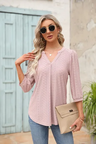 Vista 2 de Blusas de manga 34 para mujer, con ojales, estilo casual, cuello en V
