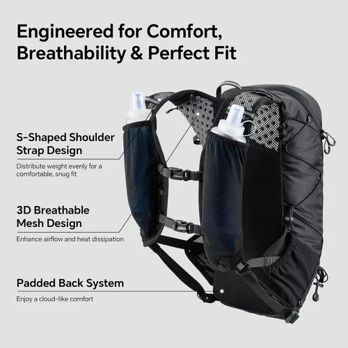 Vista 4 de N NEVO RHINO Chaleco para correr de 12L, chaleco de hidratación con 2 Negro