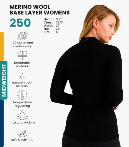 Vista 2 de Suéter 100% de lana merino con cremallera para mujer, capa base térmica con . 250 negro