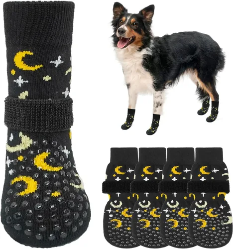 Vista 19 de SCENEREAL 6 piezas de calcetines antideslizantes para perros para prevenir lamido de patas para pavimento caliente/frío, calcetines de agarre