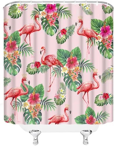 Vista 4 de Cortina de ducha con diseño de flamenco, flor tropical, hoja de palmera verde, juego de decoración de baño con ganchos