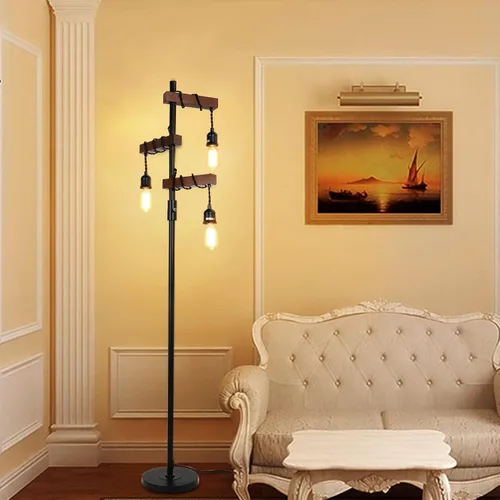 Vista 7 de Lámpara de pie industrial regulable, lámpara de pie de árbol de granja, lámpara de pie de madera de 68 pulgadas, 3 luces, base resistente, luz