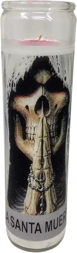 Vista 5 de Santa Muerte 14 oz Vaso Grande UNA pieza Vela de oración de una pieza 14 oz de alto vidrio oración al reverso en español Blanca sin Aroma