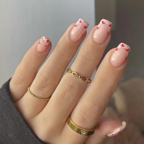 Vista 23 de Uñas postizas a presión para San Valentín, uñas postizas cortas cuadradas MABKJLF nude con diseños de labios, cobertura completa, pegamento