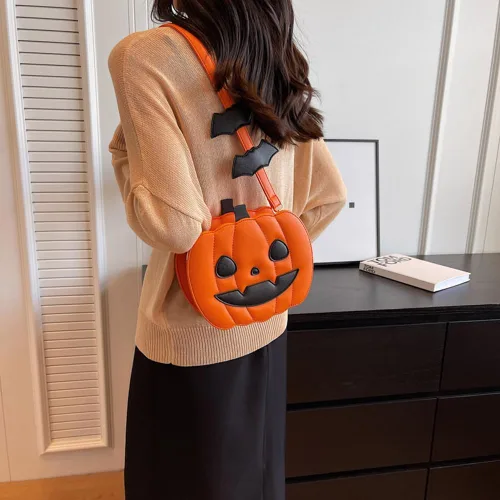 Vista 2 de Bolso de Halloween con diseño de calabaza, bolso cruzado novedoso de piel sintética, bolso cruzado de calabaza de Halloween