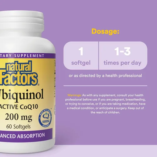 Vista 3 de Natural Factors, Ubiquinol Active CoQ10 200 mg, suplemento de coenzima Q10 de doble fuerza, alta absorción para apoyo energético, cardíaco