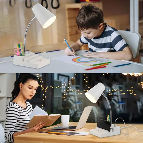 Vista 7 de LALISU Lámpara de escritorio de estudio con carga USB y luz nocturna tipo C, lámpara de mesa LED de cuello de cisne con atenuación continua, lámpara