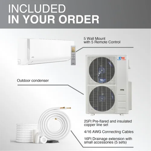 Vista 5 de Penta 5 Zona 9000 18000 Mini Split Aire Acondicionado Sistema de Bomba de Calor Pre-Cargado Compresor Inversor Con 5 Kits de Instalación