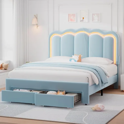 Vista 13 de Marco de cama LED tapizado individual con cajón de almacenamiento y cabecera doble ondulada ajustable, cama de plataforma de terciopelo
