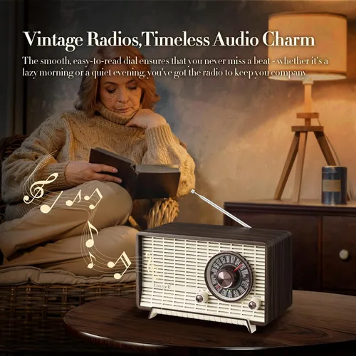 Vista 4 de YOWGUIF - Radio AM FM clásica retro de madera para mesa, altavoces Bluetooth, radios enchufables de pared con perilla giratoria, ideal para el hogar