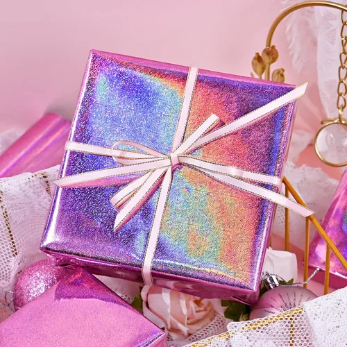Vista 7 de Homeral Rollo de papel de regalo rosa holográfico con galaxia rosa brillante para cumpleaños, baby shower, despedida de soltera, boda, día