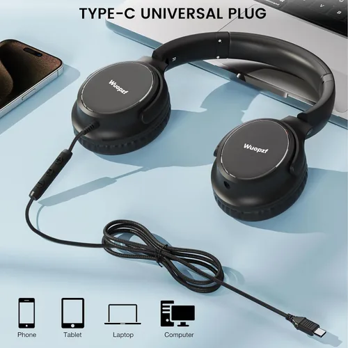 Vista 6 de Auriculares con cable USB C sobre la oreja con micrófono, control de volumen, puerto compartido y diadema ajustable, auriculares estéreo plegables