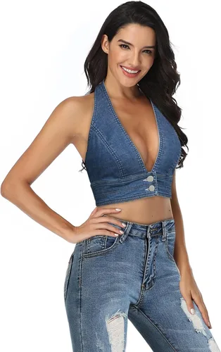 Vista 2 de Camiseta corta sin mangas con botones en la parte delantera y cuello en V profundo para mujer, corsé sin espalda