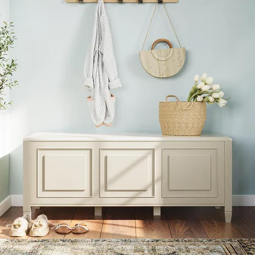 Vista 2 de SIMPLIHOME Connaught - Banco de baúl de madera maciza de 51 pulgadas de Blanco antiguo
