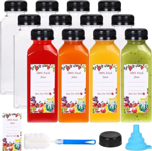 Vista 8 de SUPERLELE 12 botellas de plástico de 8 onzas con tapas, recipientes transparentes reutilizables para jugo con etiquetas, embudo y cepillo