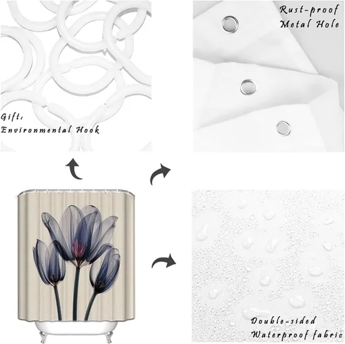Vista 6 de Cortina de ducha, diseño abstracto transparente de tulipán, de algodón y lino con textura de tulipán, juego de cortina de ducha impermeable con 12